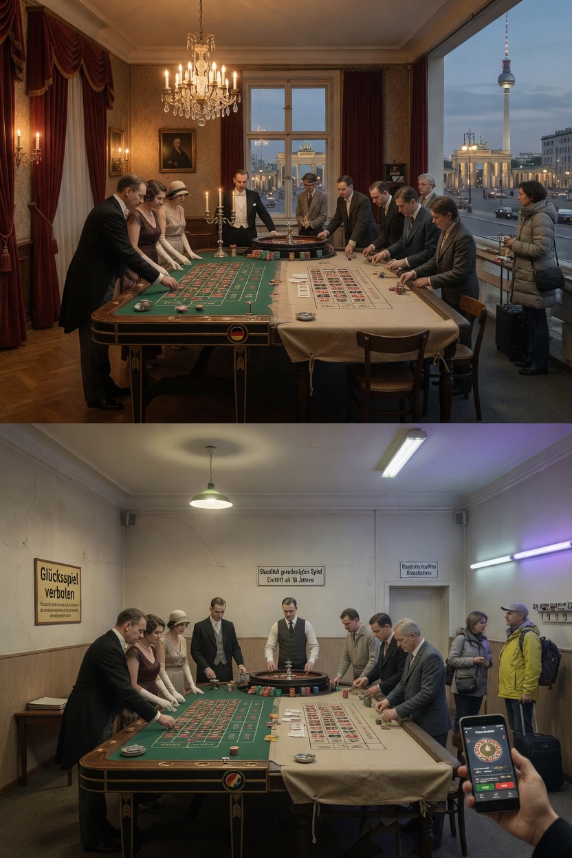 Photographic still life on a single roulette table that transforms across time from left