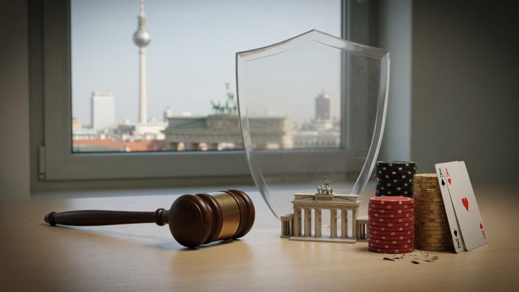 Stillleben: Richterhammer, Pokerchips und Spielkarten vor unscharfer Berliner Skyline mit Fernsehturm; kleines Brandenbu