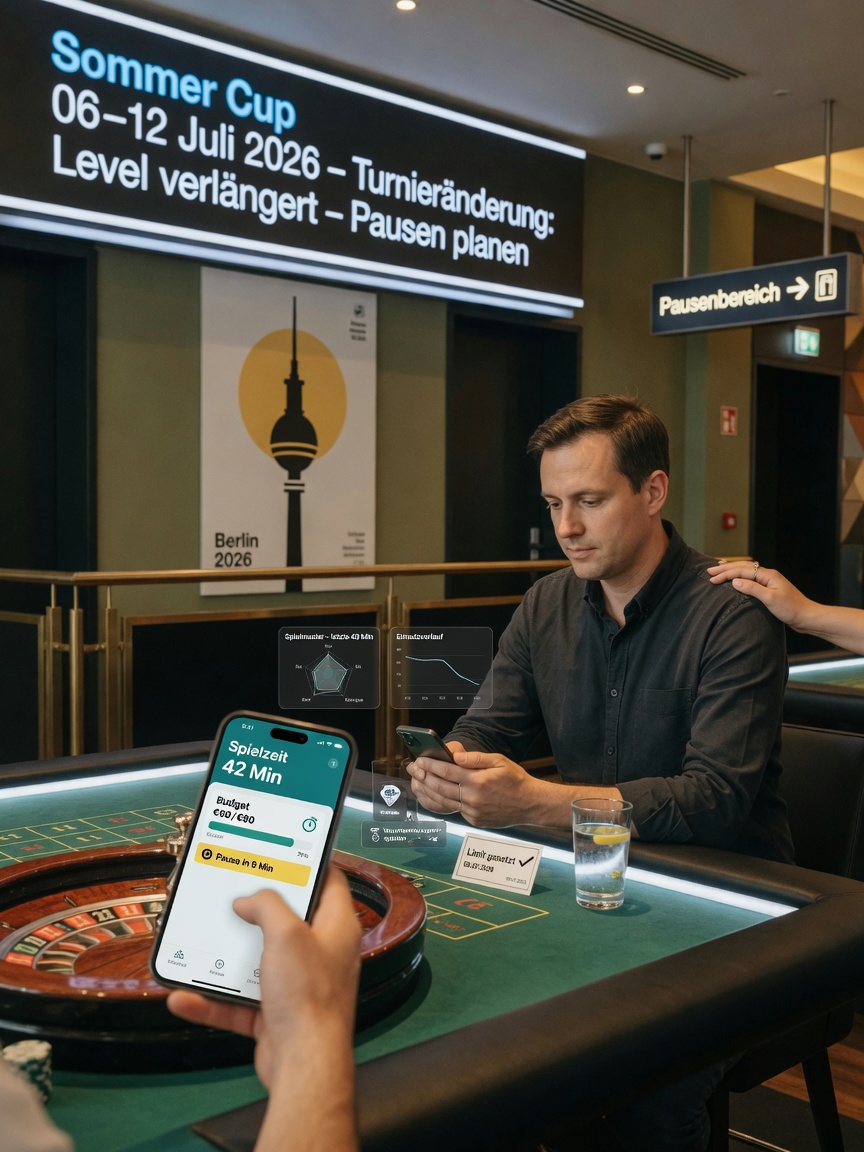 Max file size: 1.5mb! Photographic still at a Berlin casino entrance lobby at dusk.