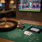 Editorial photo: roulette wheel, chips, and blackjack cards on green felt beside a tablet