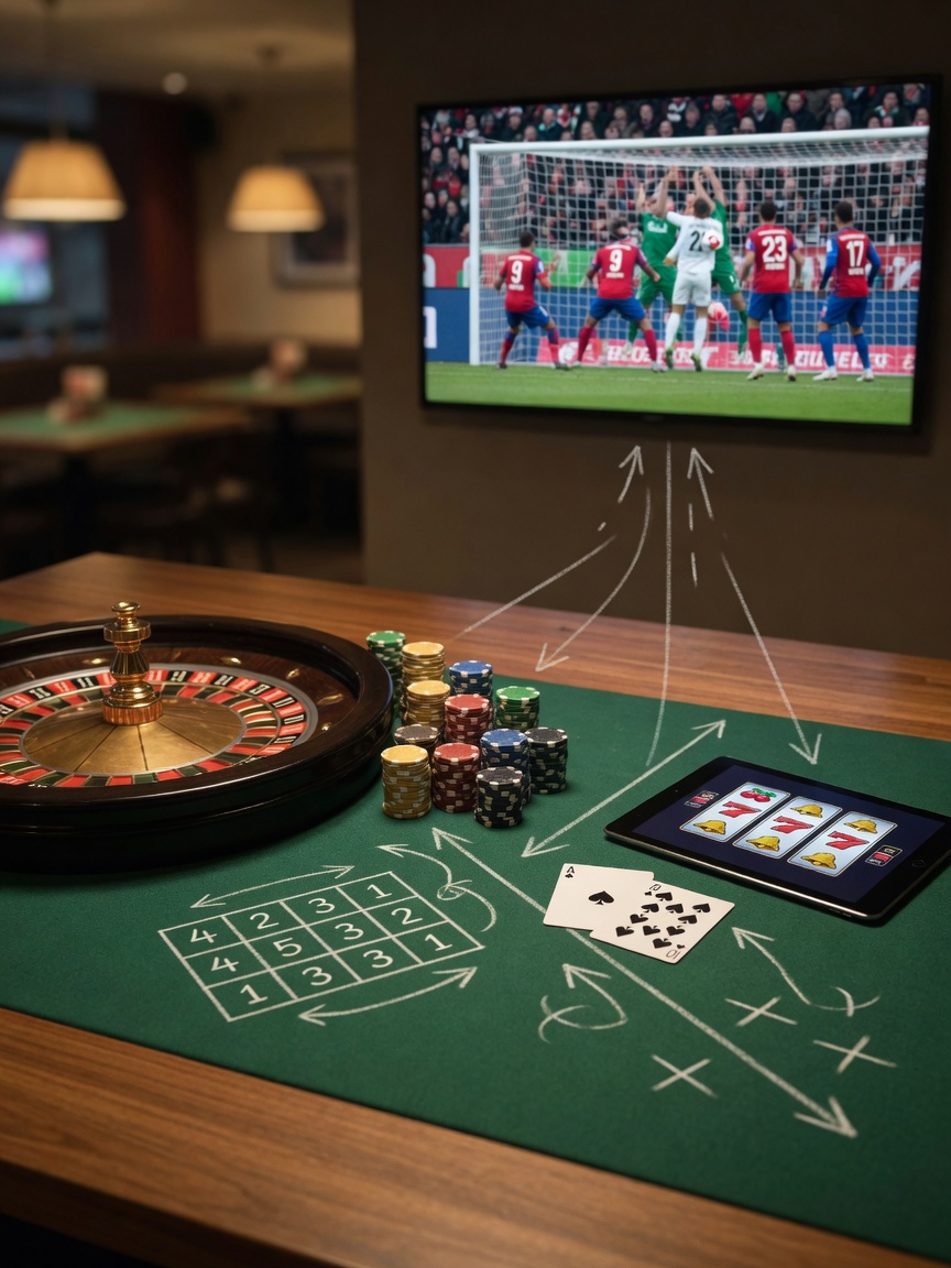 Editorial photo: roulette wheel, chips, and blackjack cards on green felt beside a tablet