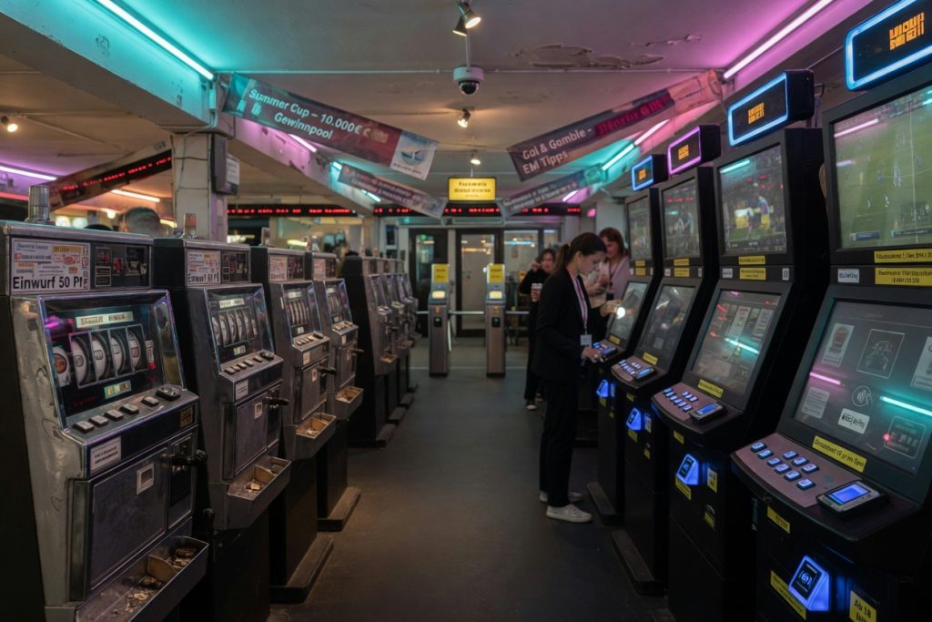 Berlin casino aisle with old mechanical and modern touchscreen slot machines, event banners for