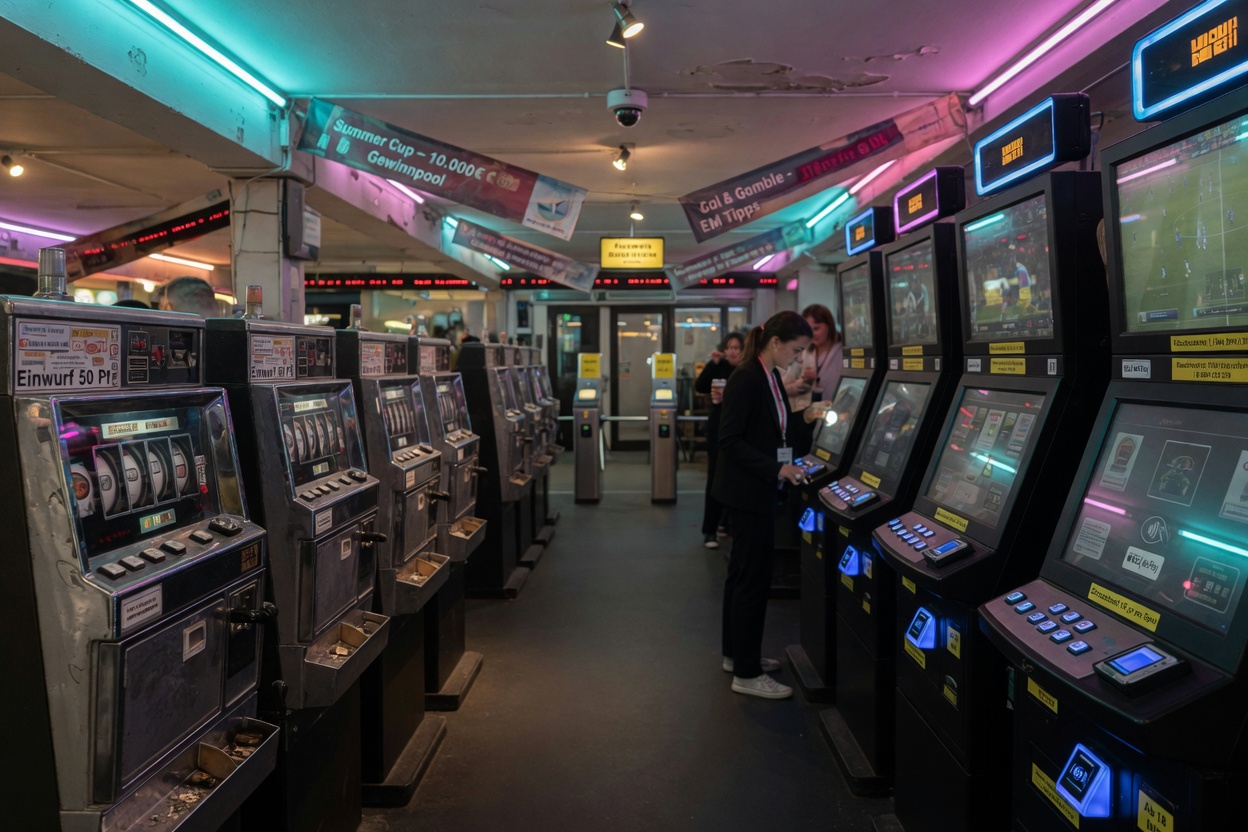 Berlin casino aisle with old mechanical and modern touchscreen slot machines, event banners for