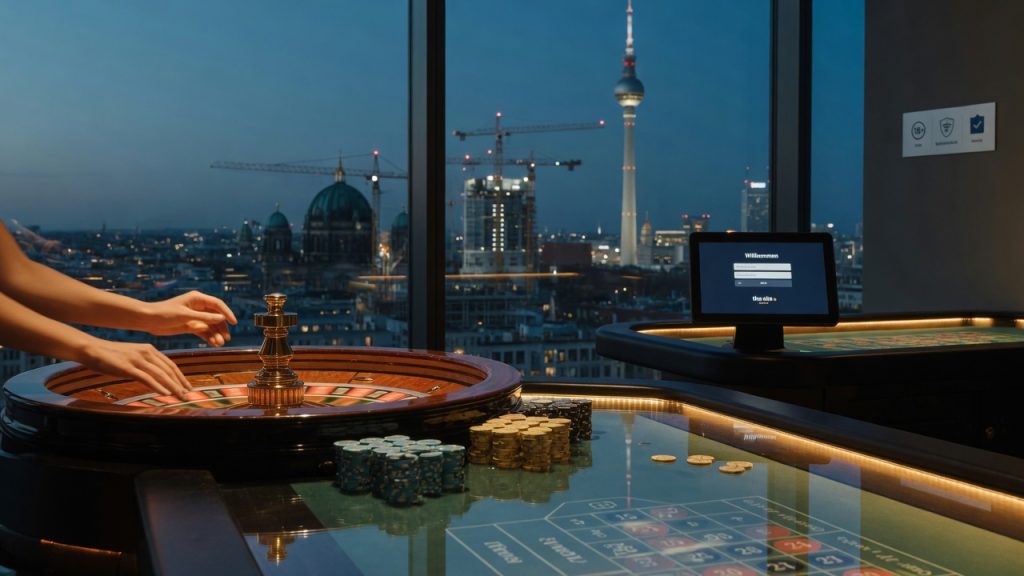 At dusk inside a sleek Berlin casino, a roulette wheel reflects the Fernsehturm while