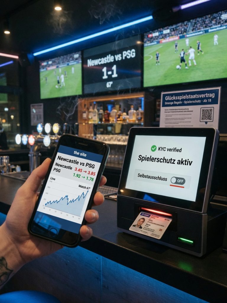 Photo-realistic scene in a Berlin sports bar: a phone with live odds for Newcastle