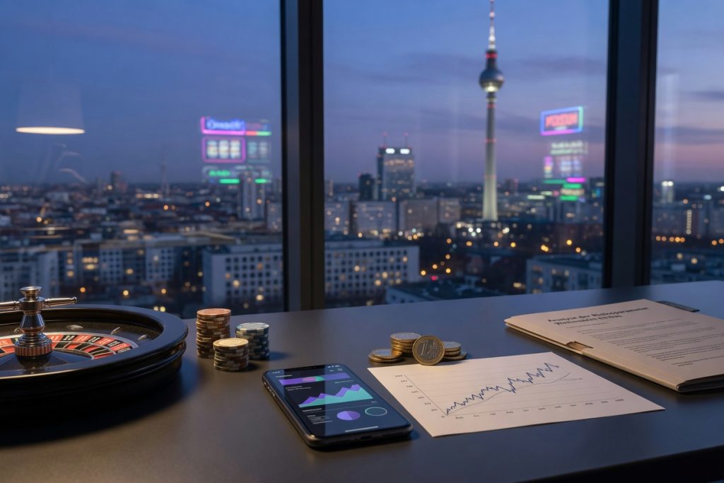 Dusk view from a Berlin office with the Fernsehturm beyond the window; on the