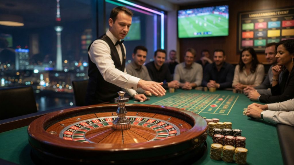 Photorealistic night scene in a Berlin casino: a roulette wheel crisp in the foreground,