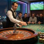 Photorealistic night scene in a Berlin casino: a roulette wheel crisp in the foreground,