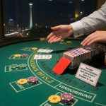 Top-down documentary photo of a blackjack hand in progress in a Berlin casino: dealer’s