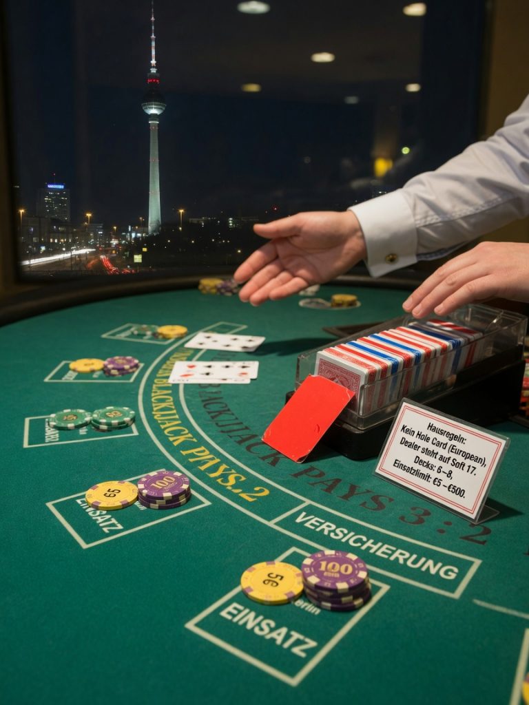 Top-down documentary photo of a blackjack hand in progress in a Berlin casino: dealer’s