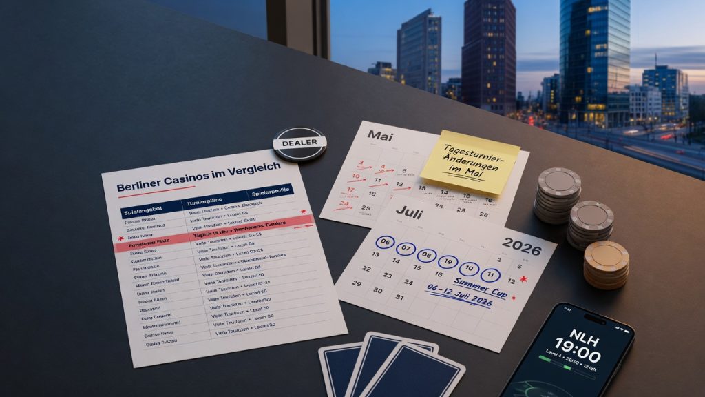 Editorial flat-lay photo comparing Berlin casinos: highlighted Potsdamer Platz, May daily tournament changes, and
