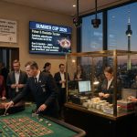Editorial photo of a Berlin casino interior with roulette in play, a cashier cage,