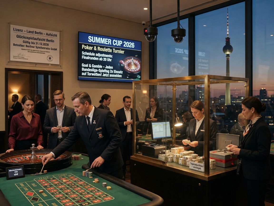 Editorial photo of a Berlin casino interior with roulette in play, a cashier cage,