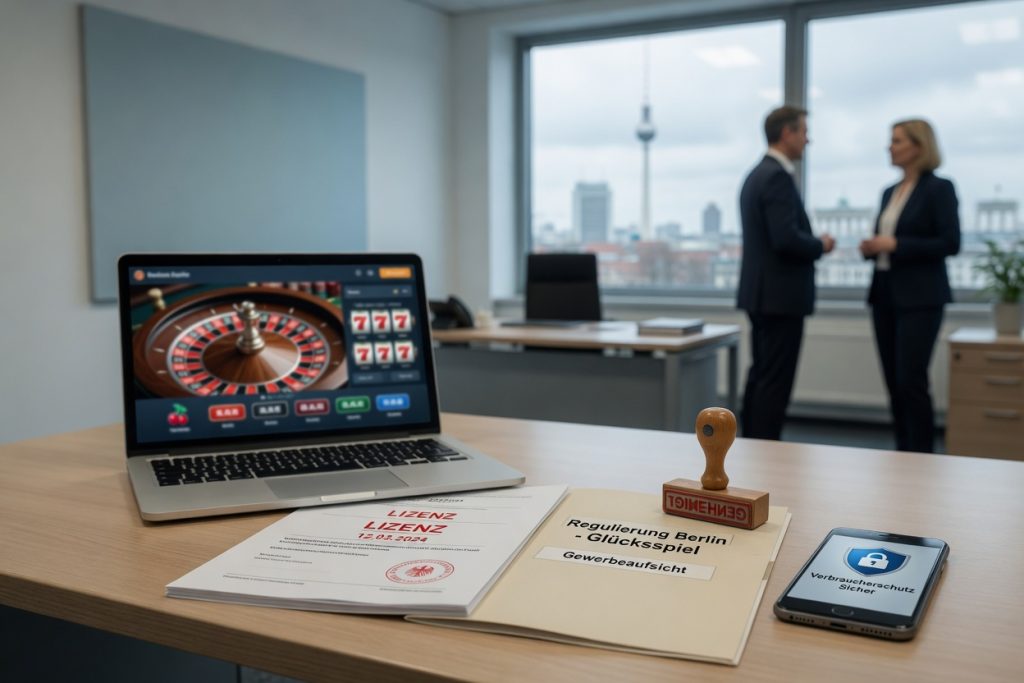 Editorial photo of a Berlin office desk with a laptop showing a blurred online