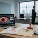 Editorial photo of a Berlin office desk with a laptop showing a blurred online