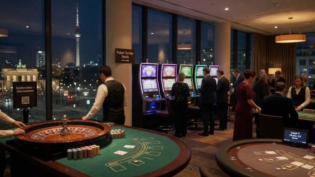 Nighttime photo of a modern Berlin casino floor showing roulette, blackjack, a poker tournament