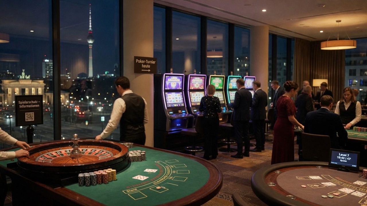Nighttime photo of a modern Berlin casino floor showing roulette, blackjack, a poker tournament