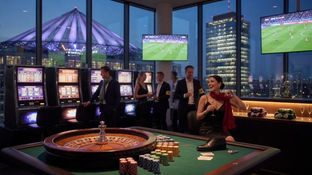 Editorial-style photo of a Berlin casino at Potsdamer Platz at dusk: roulette wheel and