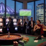 Editorial-style photo of a Berlin casino at Potsdamer Platz at dusk: roulette wheel and