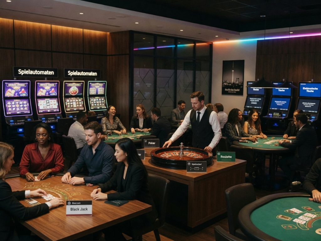 Photographic bird’s-eye view from a mezzanine over a Berlin casino floor at night, showing
