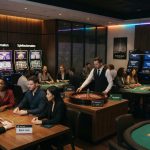 Photographic bird’s-eye view from a mezzanine over a Berlin casino floor at night, showing
