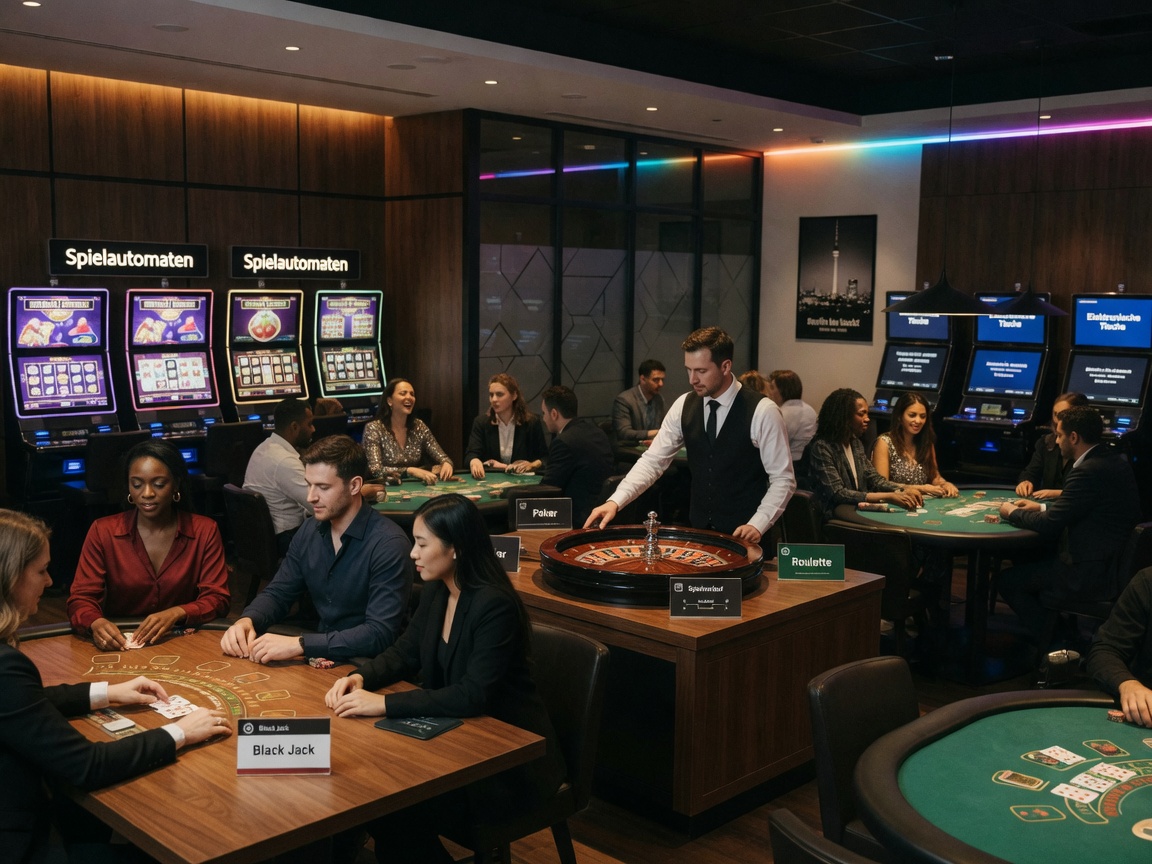 Photographic bird’s-eye view from a mezzanine over a Berlin casino floor at night, showing