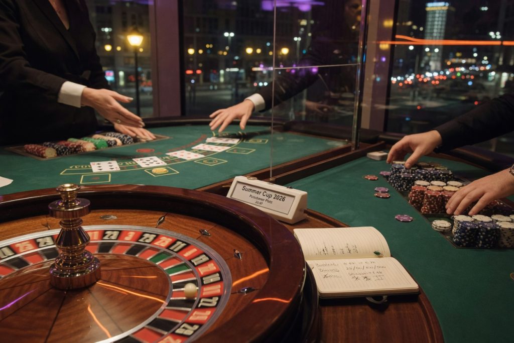 Photorealistic over-the-shoulder shot inside Spielbank Berlin at Potsdamer Platz: in crisp focus, a felt