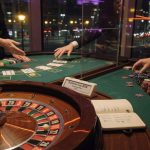 Photorealistic over-the-shoulder shot inside Spielbank Berlin at Potsdamer Platz: in crisp focus, a felt