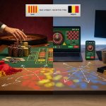 Split photographic scene comparing a lavish land-based casino table to a cool-toned home online-casino
