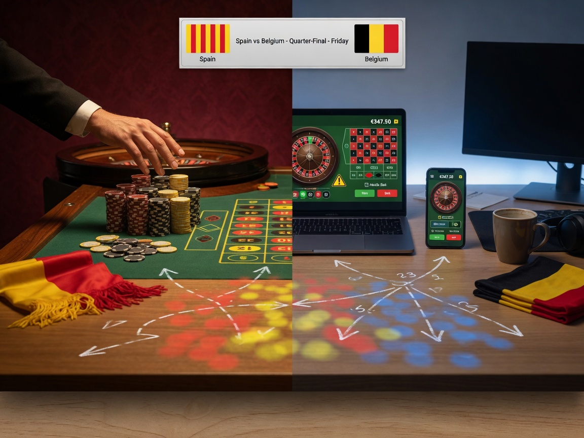 Split photographic scene comparing a lavish land-based casino table to a cool-toned home online-casino