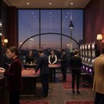 Photographic scene of a Berlin casino lobby with an ID check at the entrance,