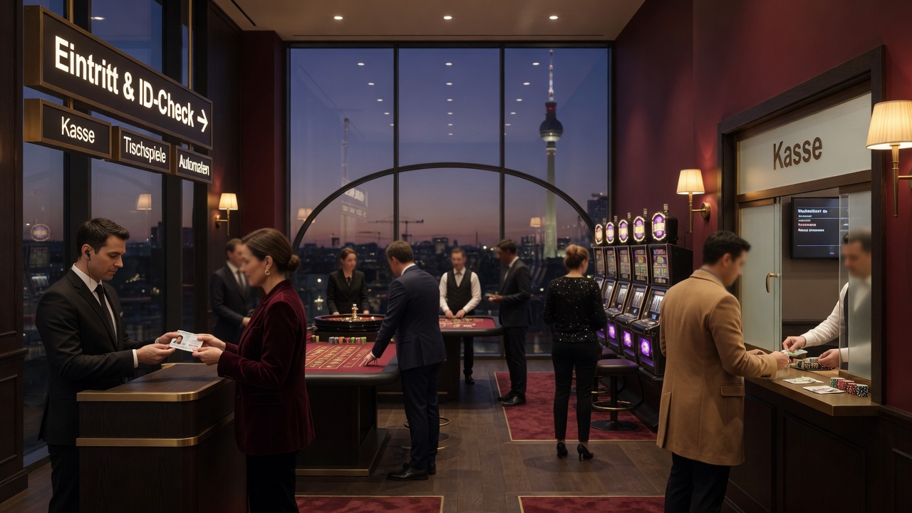 Photographic scene of a Berlin casino lobby with an ID check at the entrance,